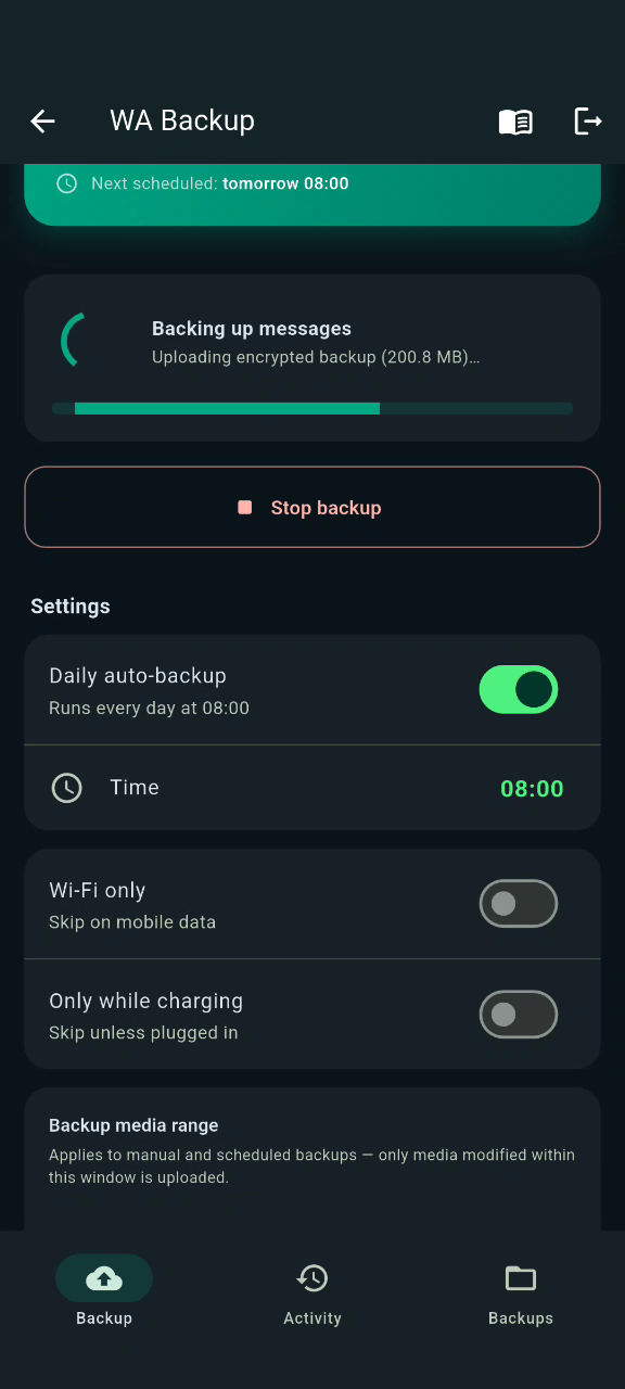 WA Backup dashboard uploading an encrypted backup, with daily auto-backup and Wi-Fi-only settings