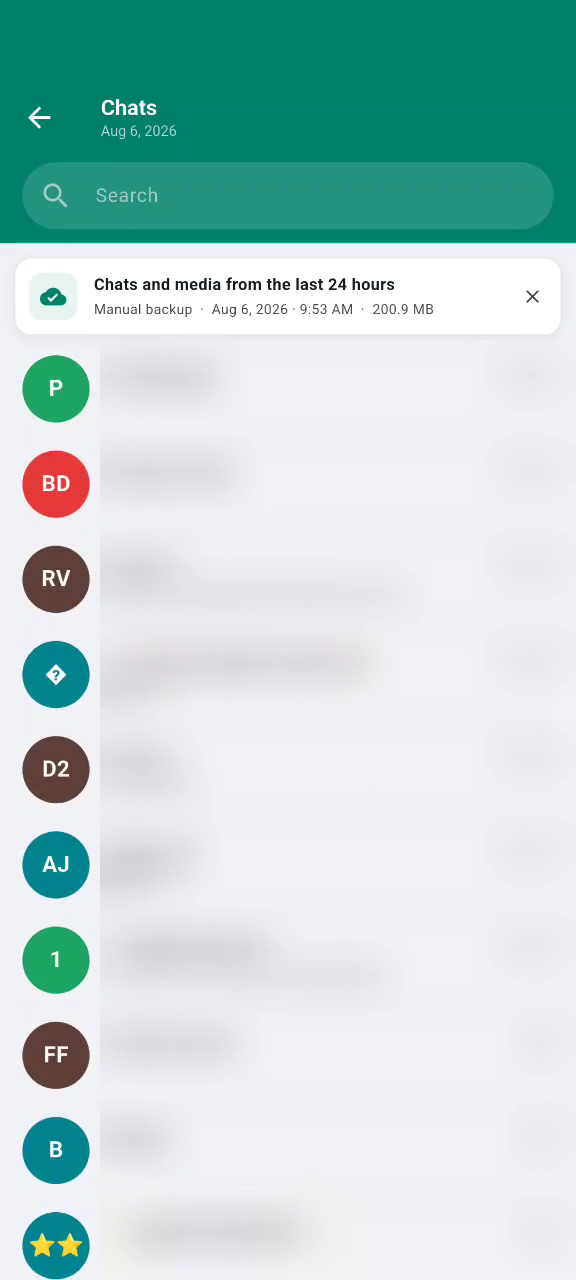 The backed-up chats list in WA Backup (conversation names blurred for privacy)