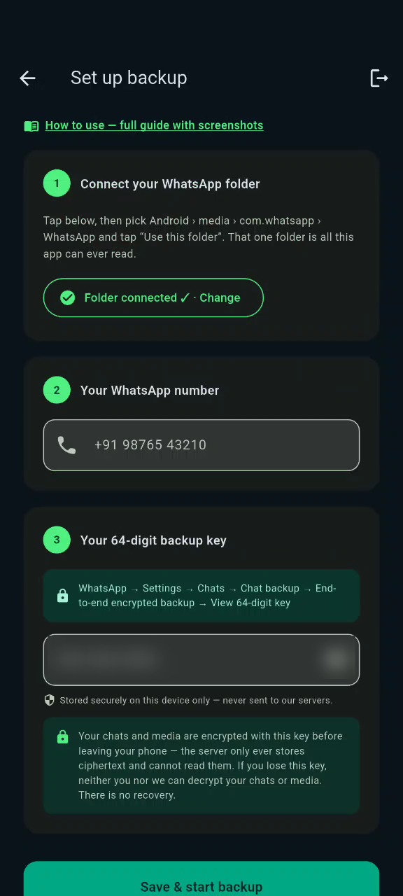 Set up backup screen showing WhatsApp folder connected, phone number field and 64-digit key field