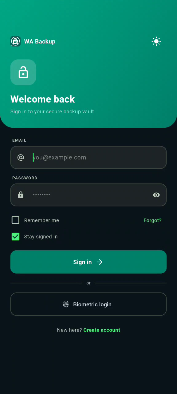 WA Backup sign-in screen with email and password fields